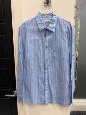 Calvin Klein Blue and White Vertical Stripe Button-Down Shirt